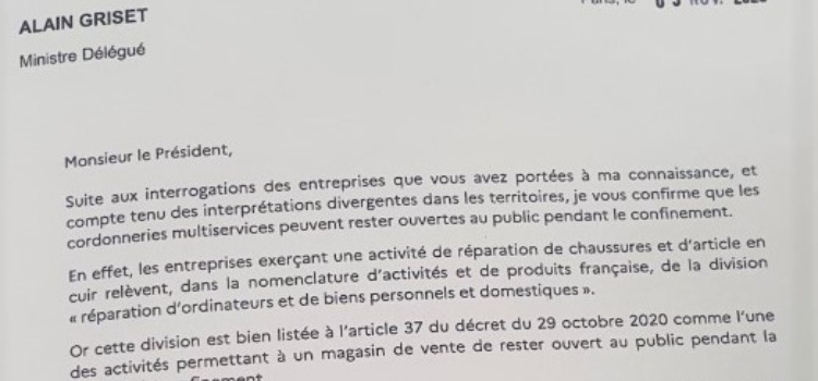 Les Cordonneries sont bien autorisées à ouvrir pendant le...